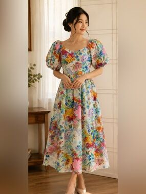 Eyelet cotton Floral Puff Sleeve Maxi Dress in Multicolor